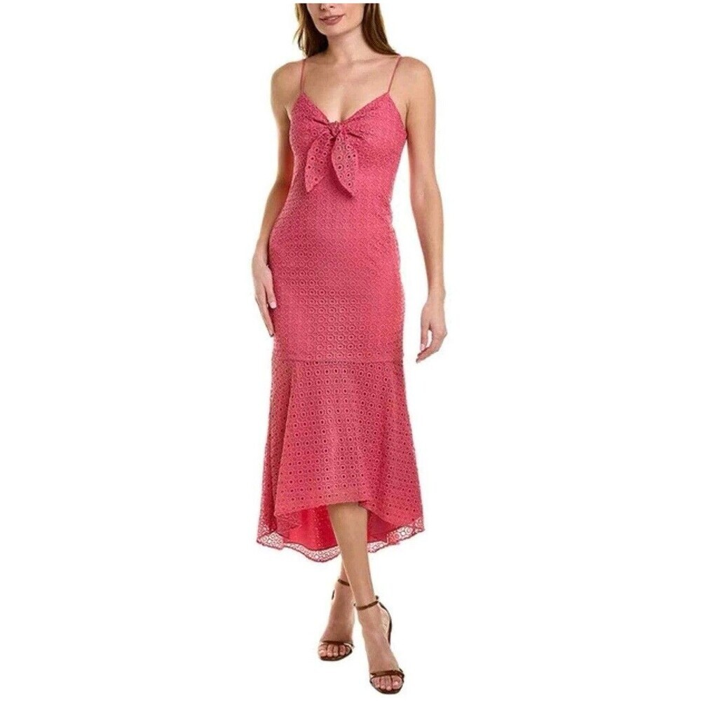 NWT AIDAN MATTOX Midi Dress Size 4 Lace Crochet Pink Ruffle Hem Tie Front